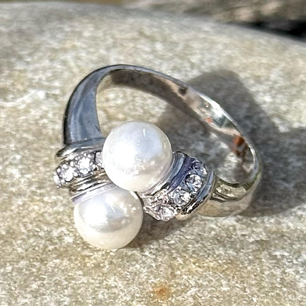 😍 Faux Pearl & CZ Ring Adjustable 7 Silver Tone